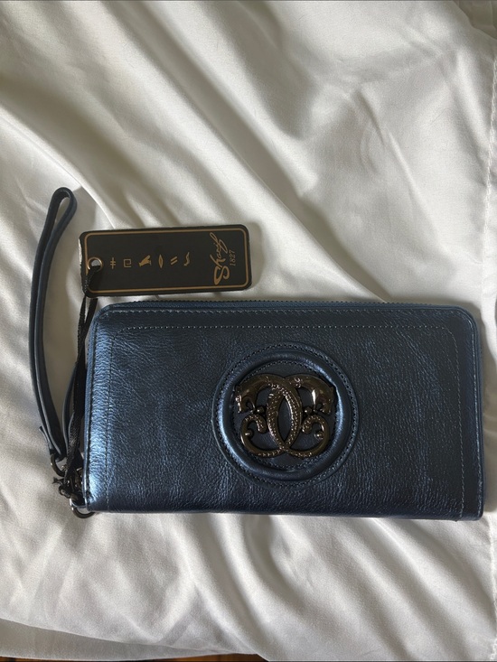 Sharif Handbags - Sharif Metallic Navy Wristlet Clutch with Decorative Emblem NWT 8 x 4-1/2”